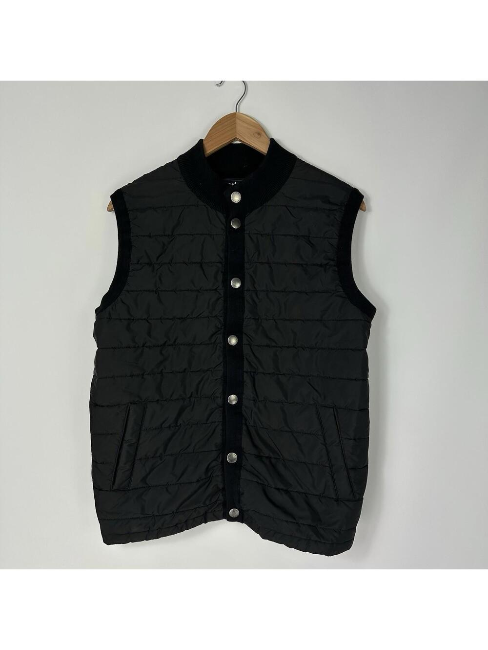 Barbour Puffer Vest Mens M Black Essential Quilted Gilet Knit Front Snap Button